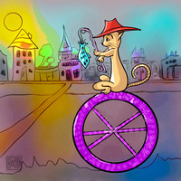 Cat pedaling his unicycle bringing home a fish